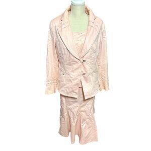 Womens Denim By Milano 3 Pc Suit Skirt Jacket shell Baby Pink sz 10 Bling